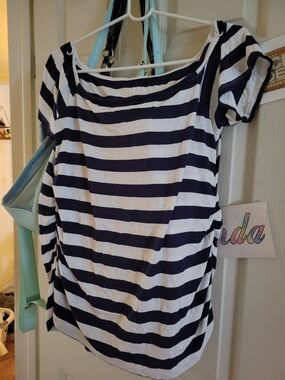Ingrid & Isabel Navy and White Striped Off-Shoulder Maternity Top 2xl
